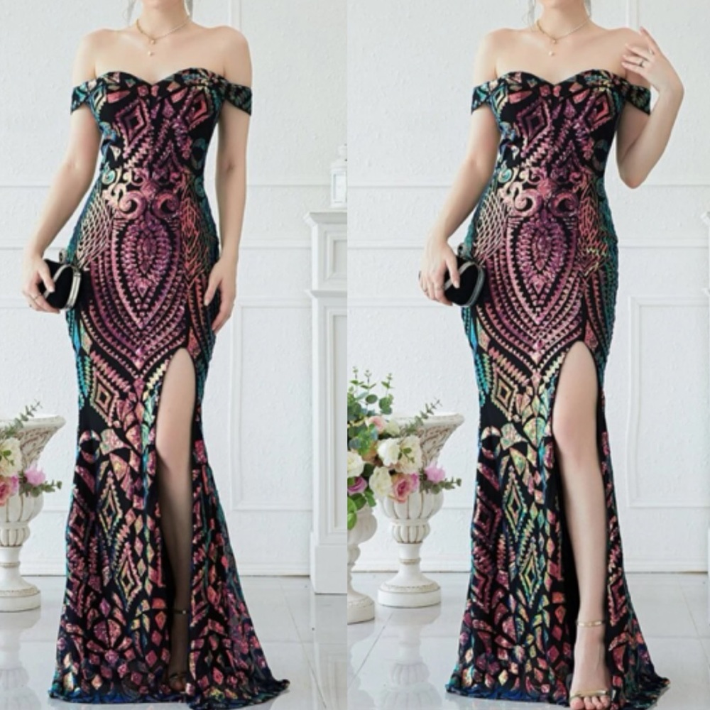 Luxe off shoulder slit thigh holidays party sequins dress - Picture 7 of 16